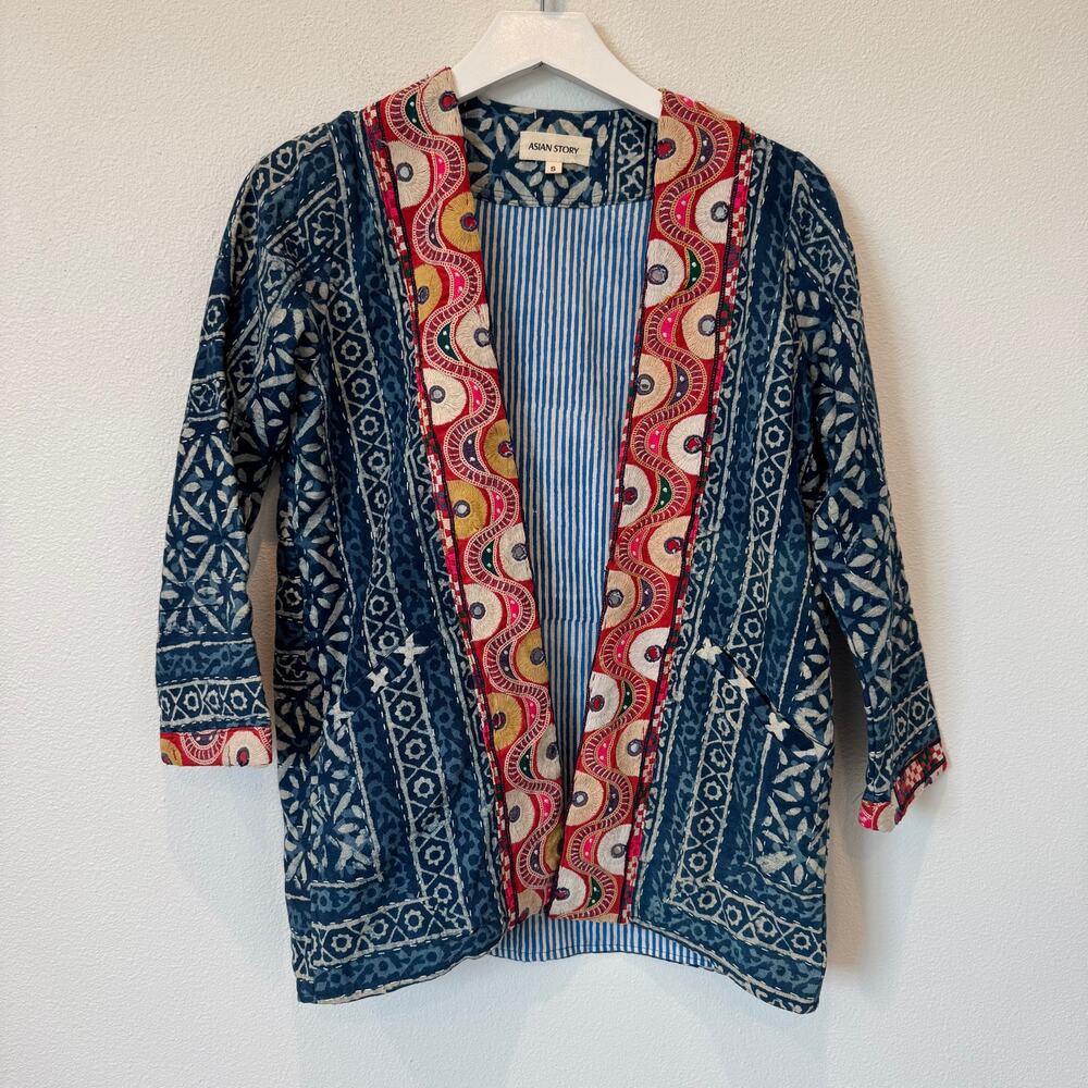 Asian Story Indigo Blue Quilted Kantha Boho Open Front Kimono Jacket Small
